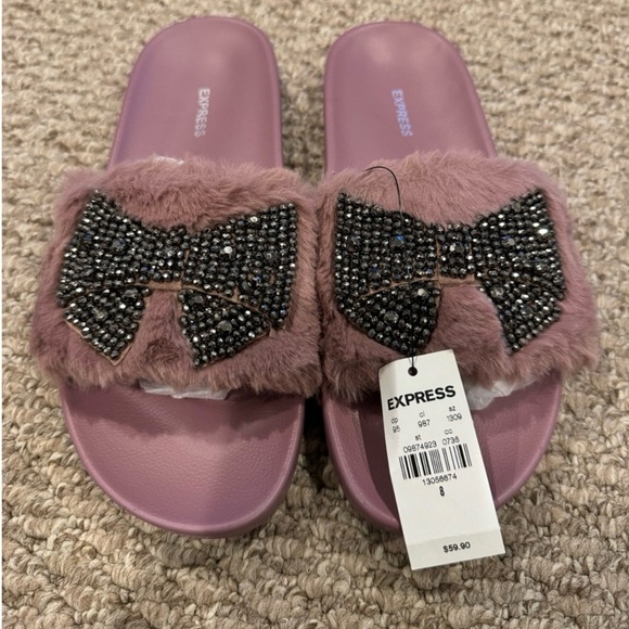 Express Shoes - NWOT EXPRESS faux fur embellished bow slip on slides